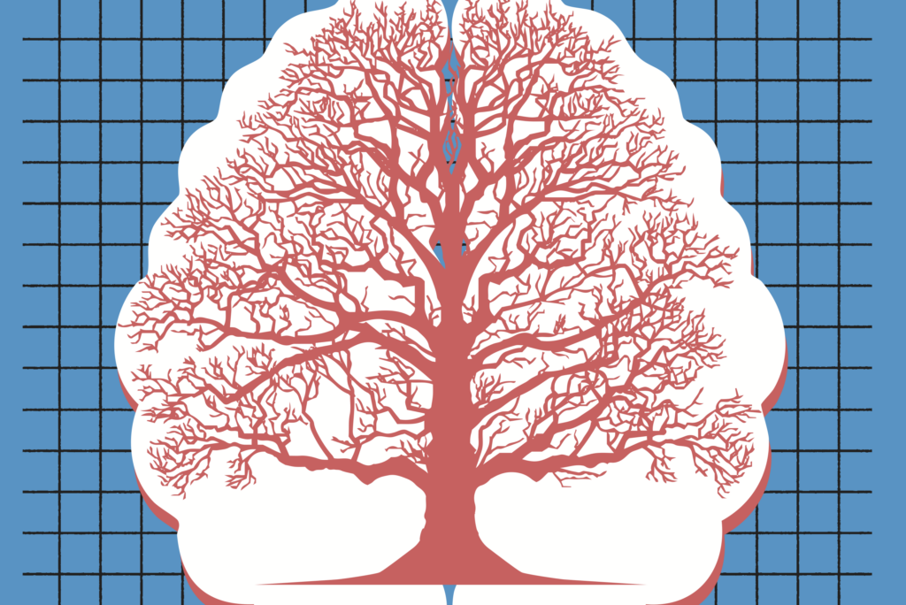 Graphic of a coral-colored tree within the shape of a brain atop a sky blue background.